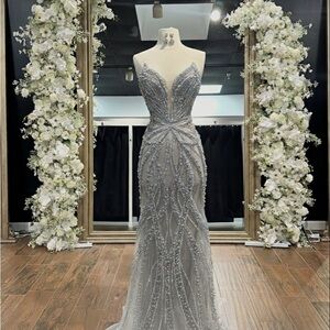 Strapless Silver Beaded Gown